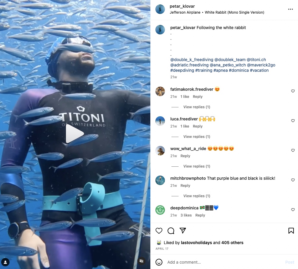 Petar Klovar's freediving Instagram video on the left and comments on the right