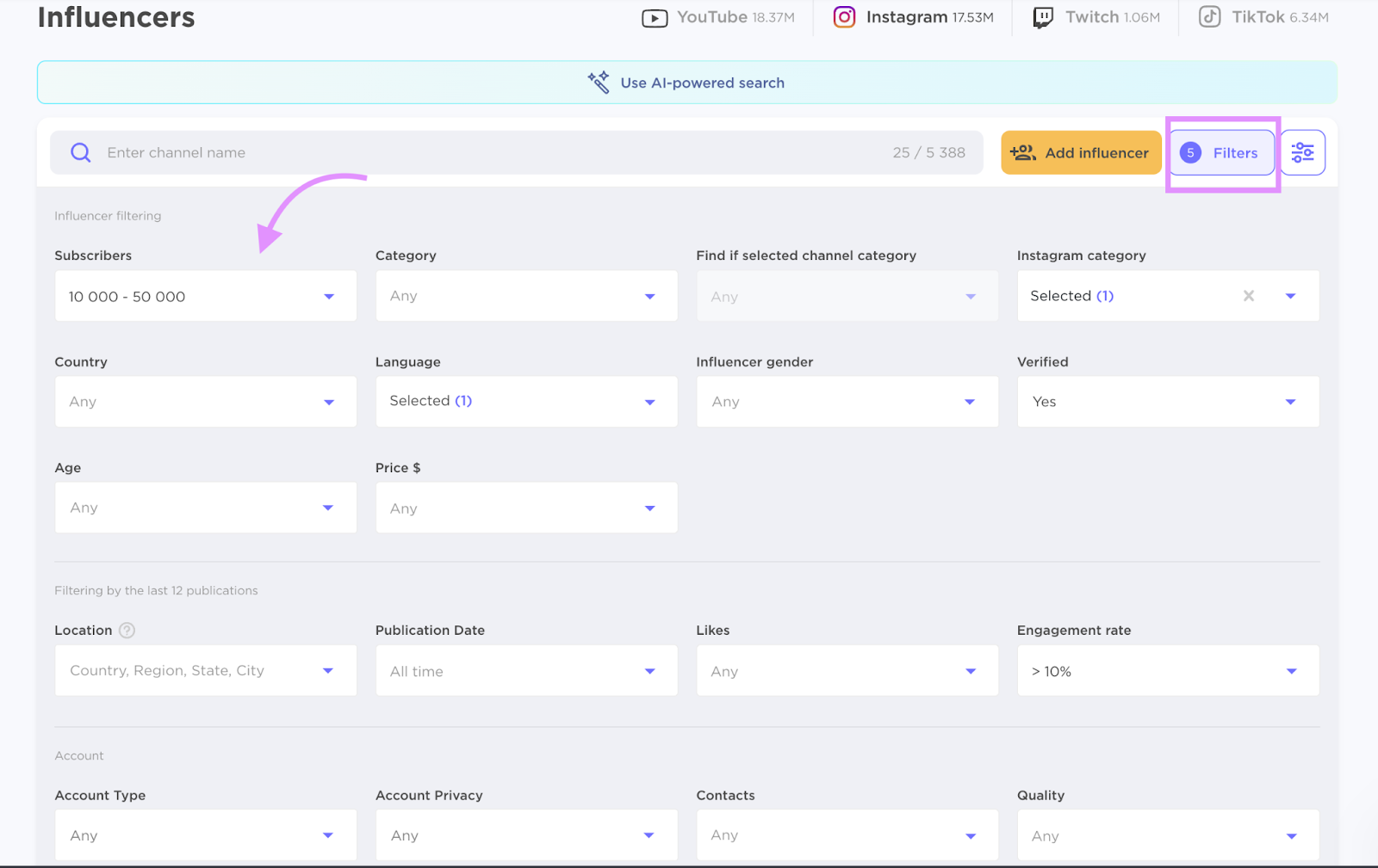 Influencer Analytics filters