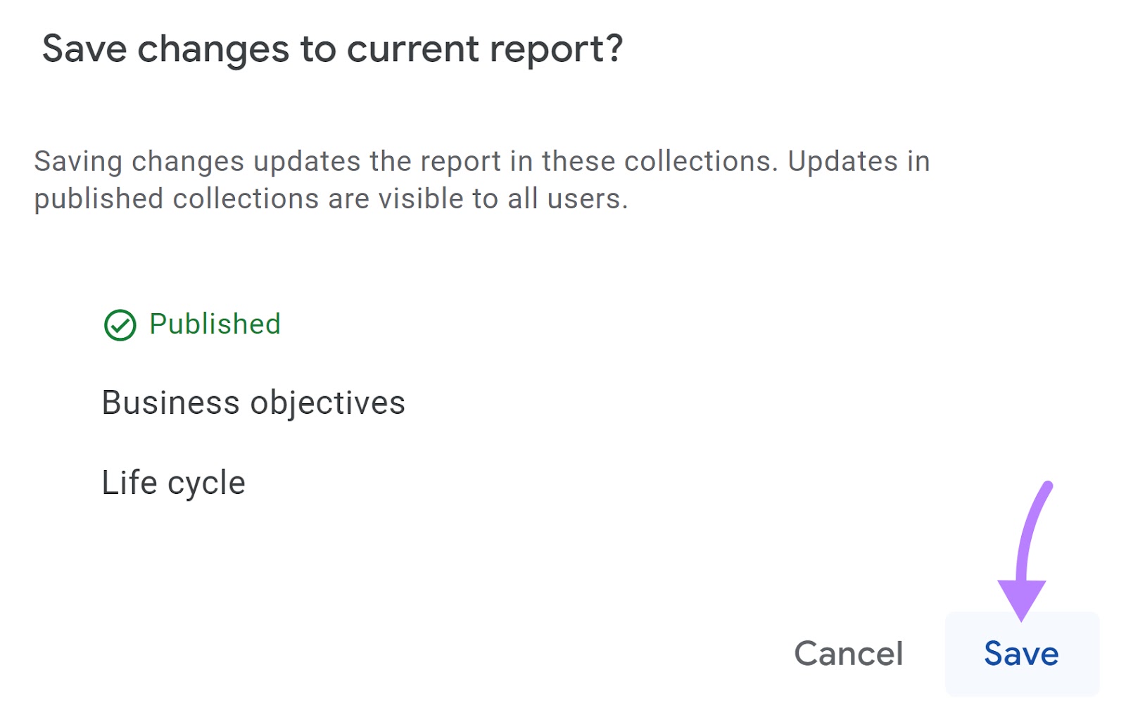 Save changes to current report pop-up window
