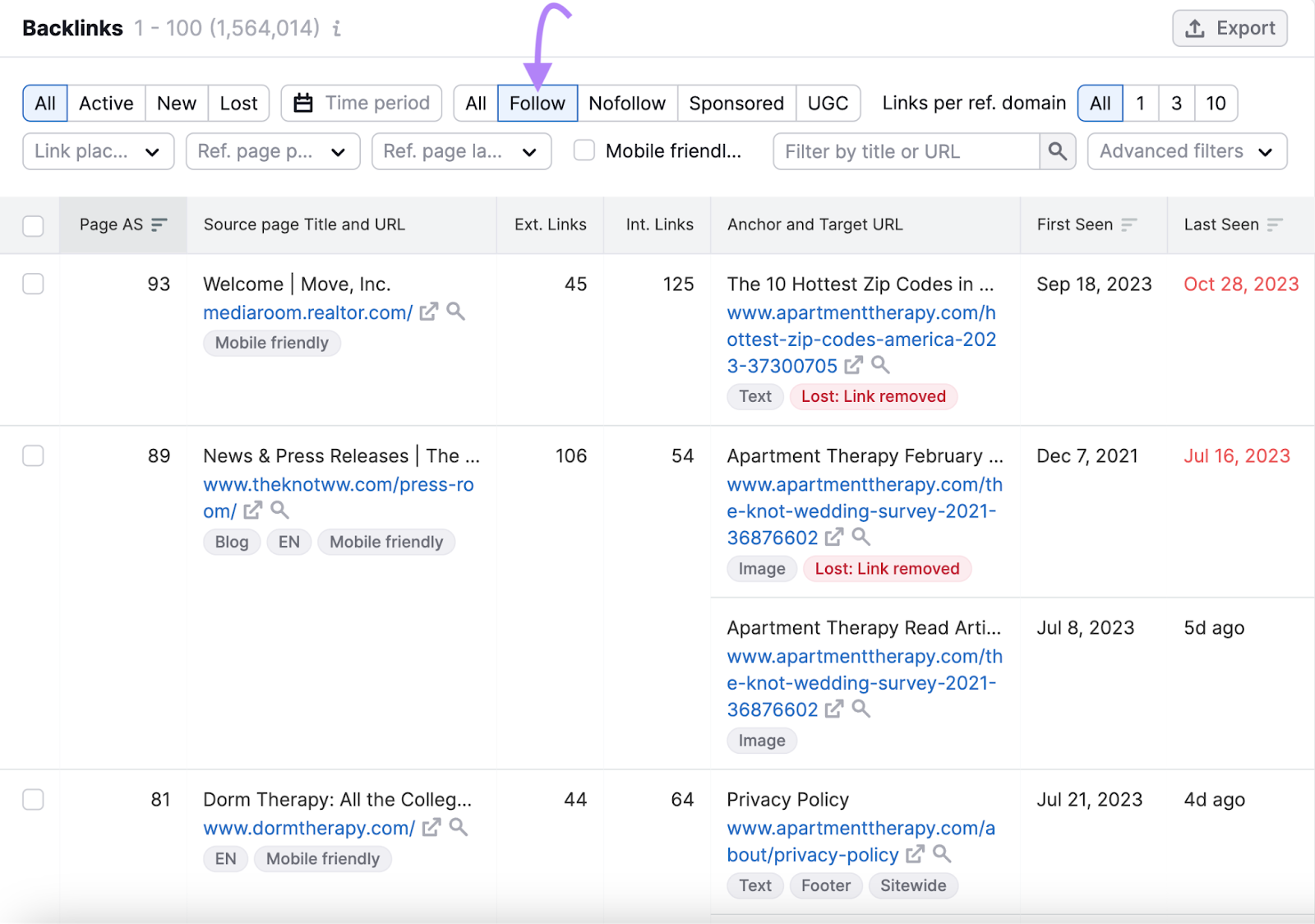 "Follow" selected under "Backlinks" table in Backlink Analytics tool