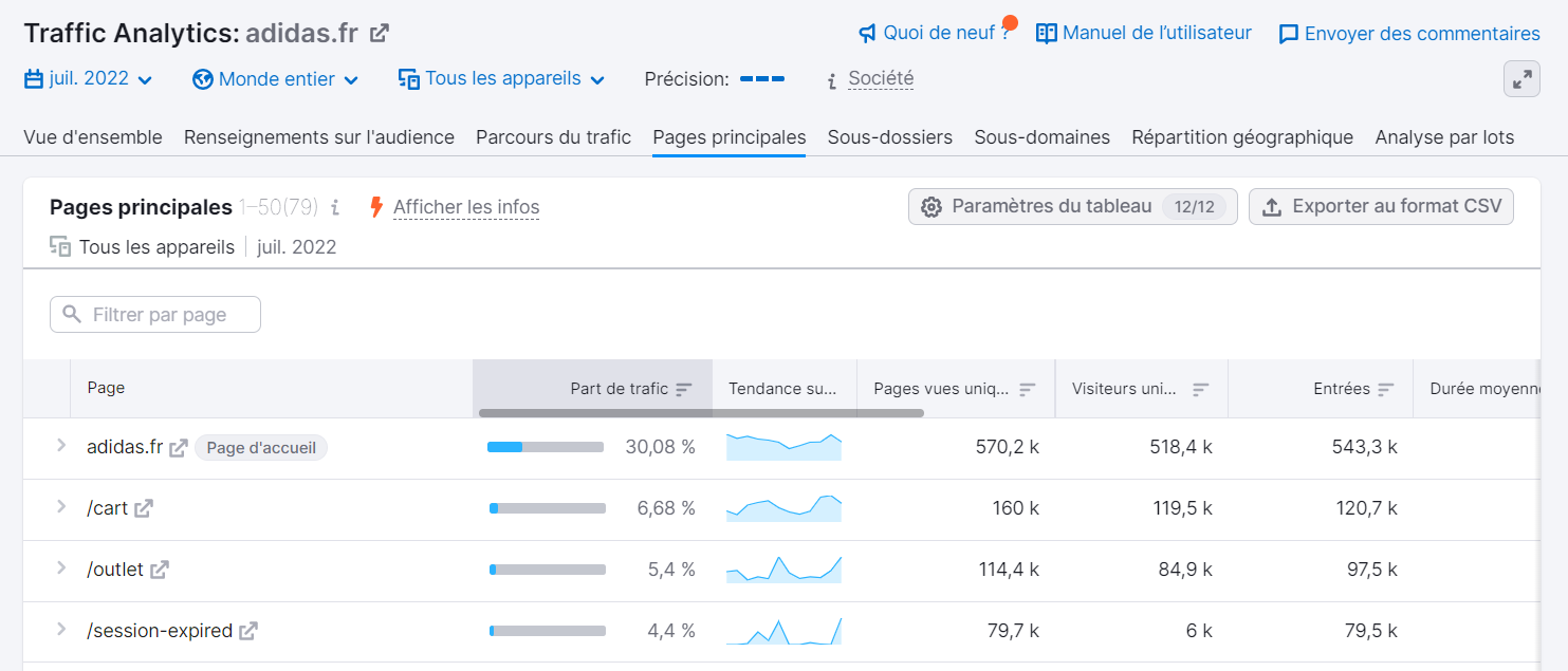 Traffic Analytics, Pages principales