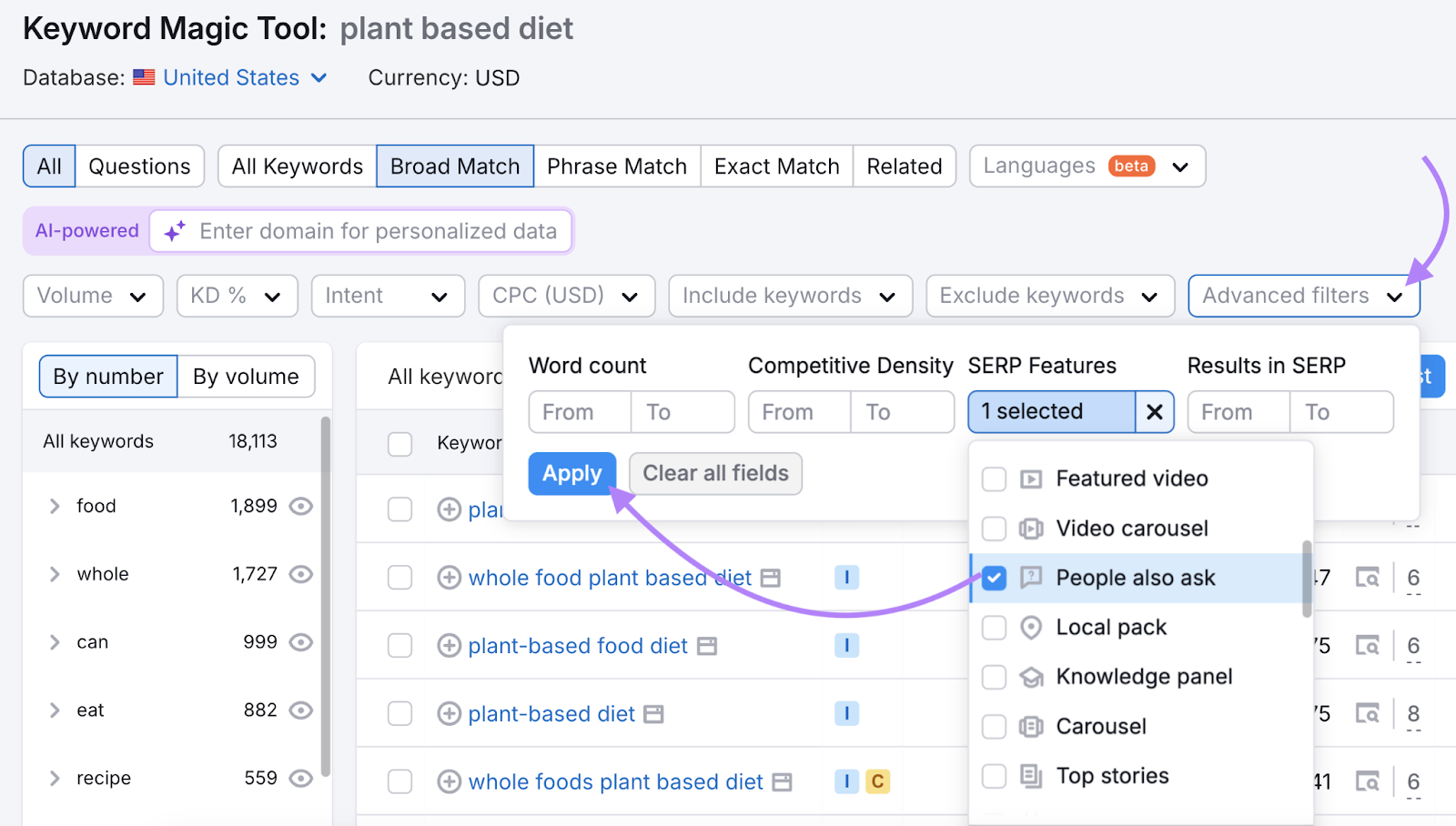 filter for radical   besides  inquire  serp feature