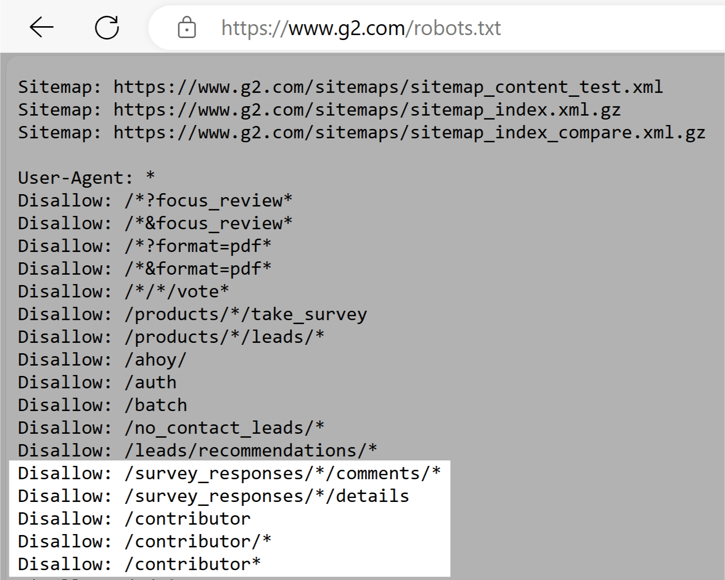 G2 robots.txt file with highlights showing disallowed URL paths