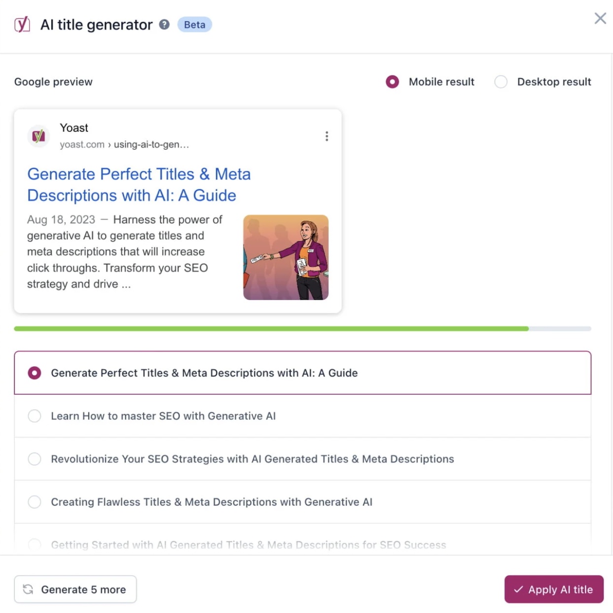 "AI title generator" on Yoast showing multiple SEO-optimized meta titles to choose from.