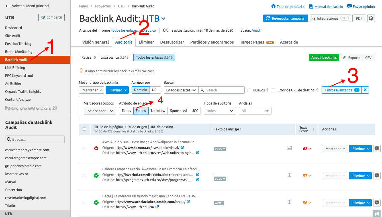 Linkbuilding de calidad - Auditoría de enlaces, calificación de Semrush