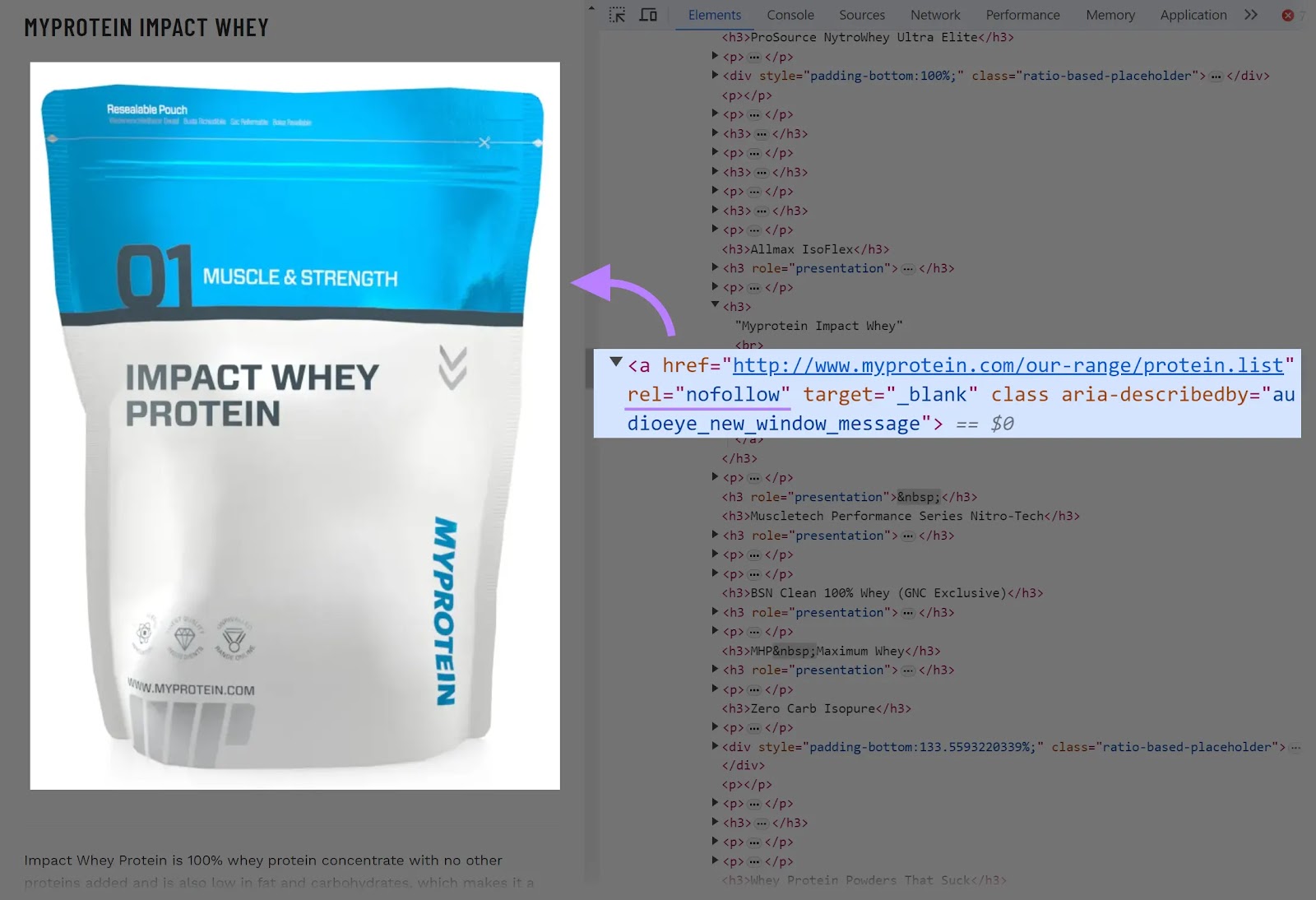 HTML code of the "Myprotein" image in the article, shown using the inspect tool with the nofollow attribute highlighted