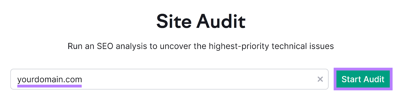 Site Audit commencement  with domain entered and Start Audit fastener  highlighted