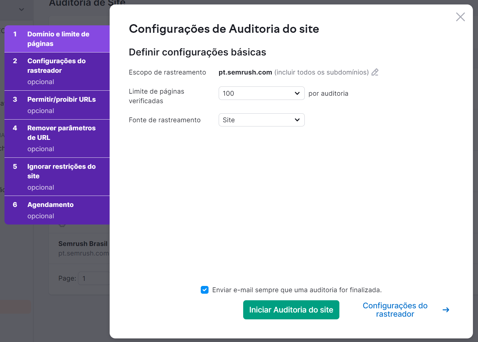 configurando auditoria do site