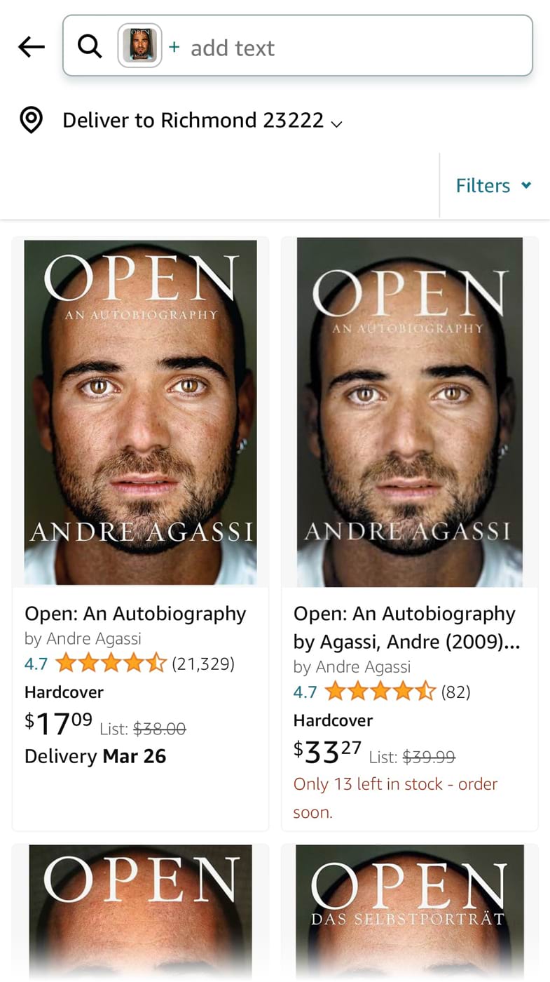 Amazon Lens results for an autobiography book