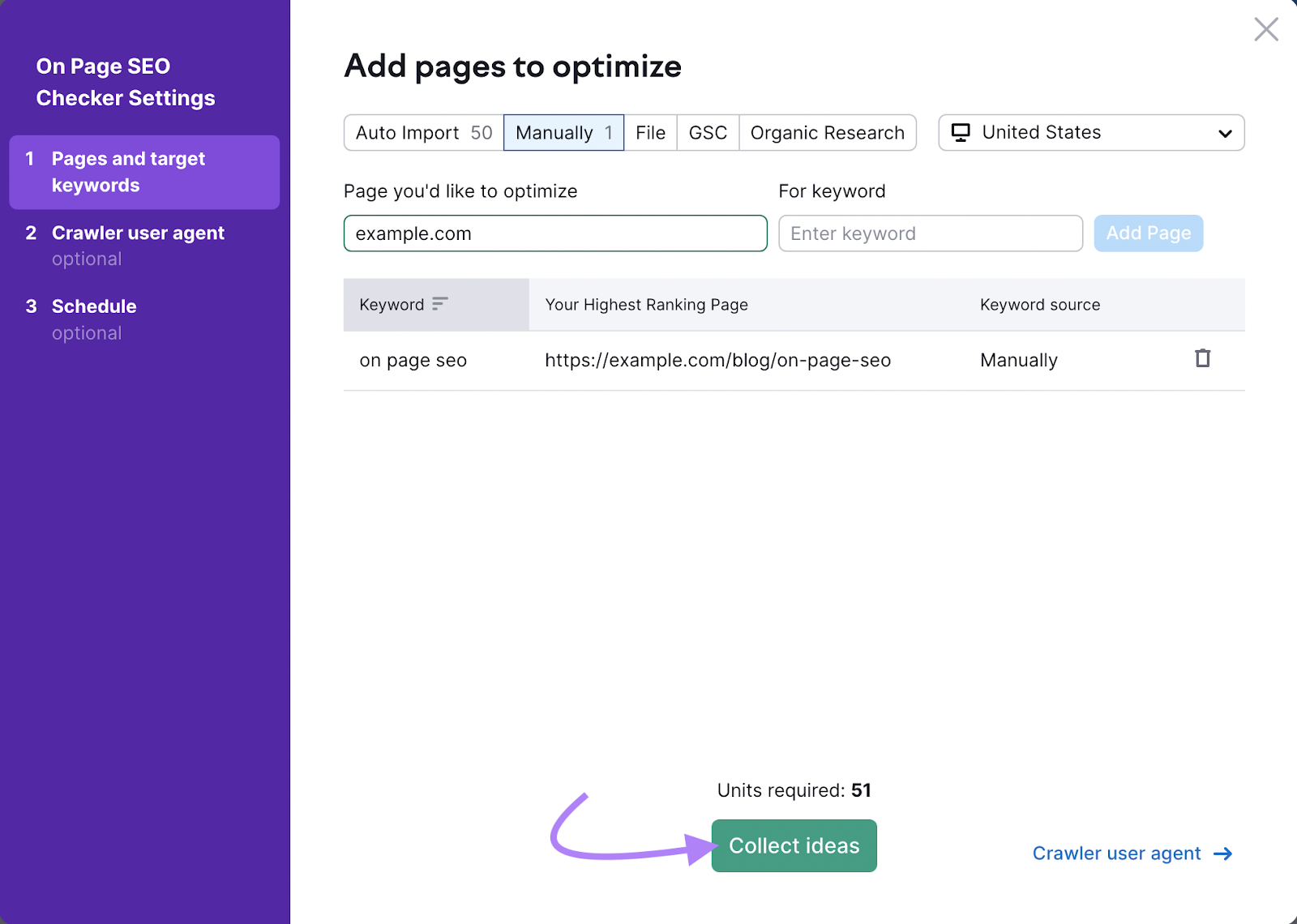 “Add pages to optimize” screen with "Collect ideas" button highlighted