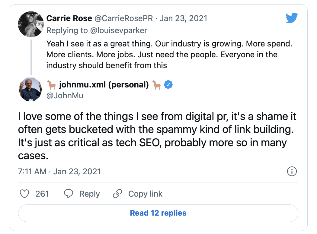 John Mueller tweet about digital PR