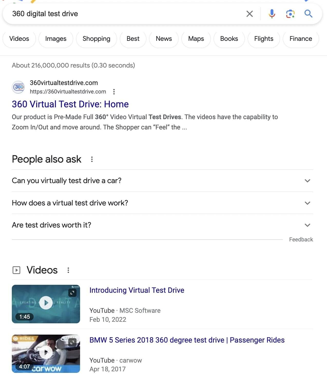 Google SERP cho truy vấn "lái thử kỹ thuật số 360"