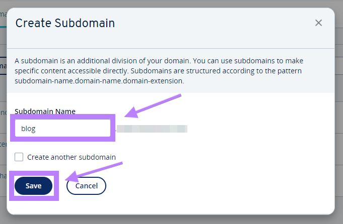 "Create Subdomain" pop-up window