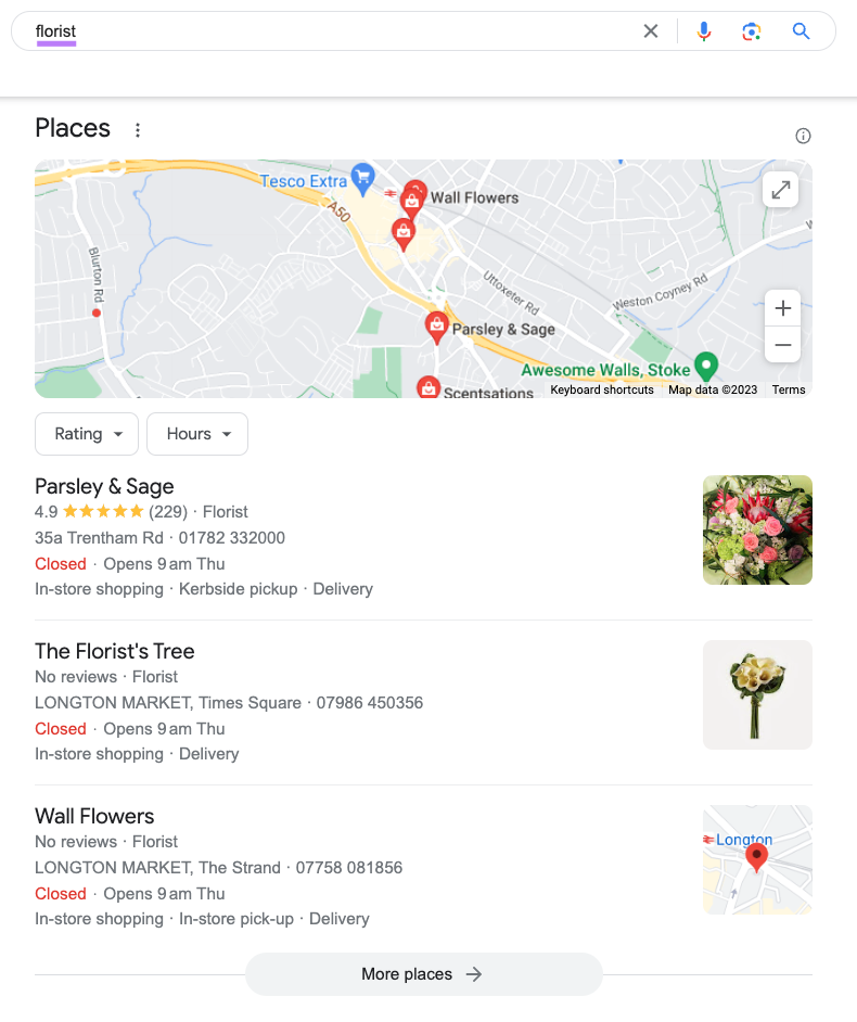 Google local pack results for "florist" search
