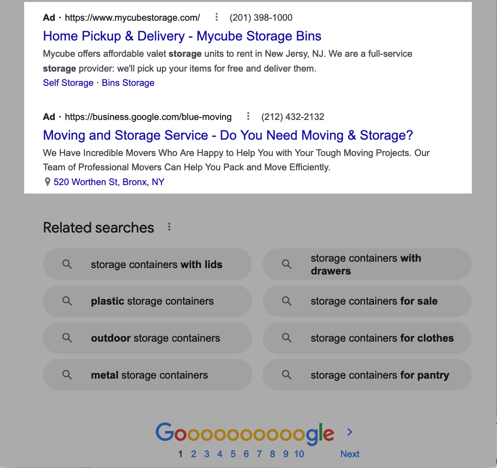 Google search ads at the bottom of SERP