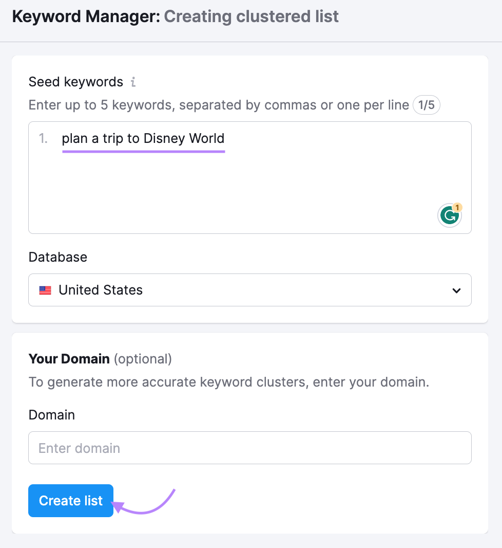 "Creating clustered list" in Keyword Manager with “plan a trip to Disney World” as a seed keyword