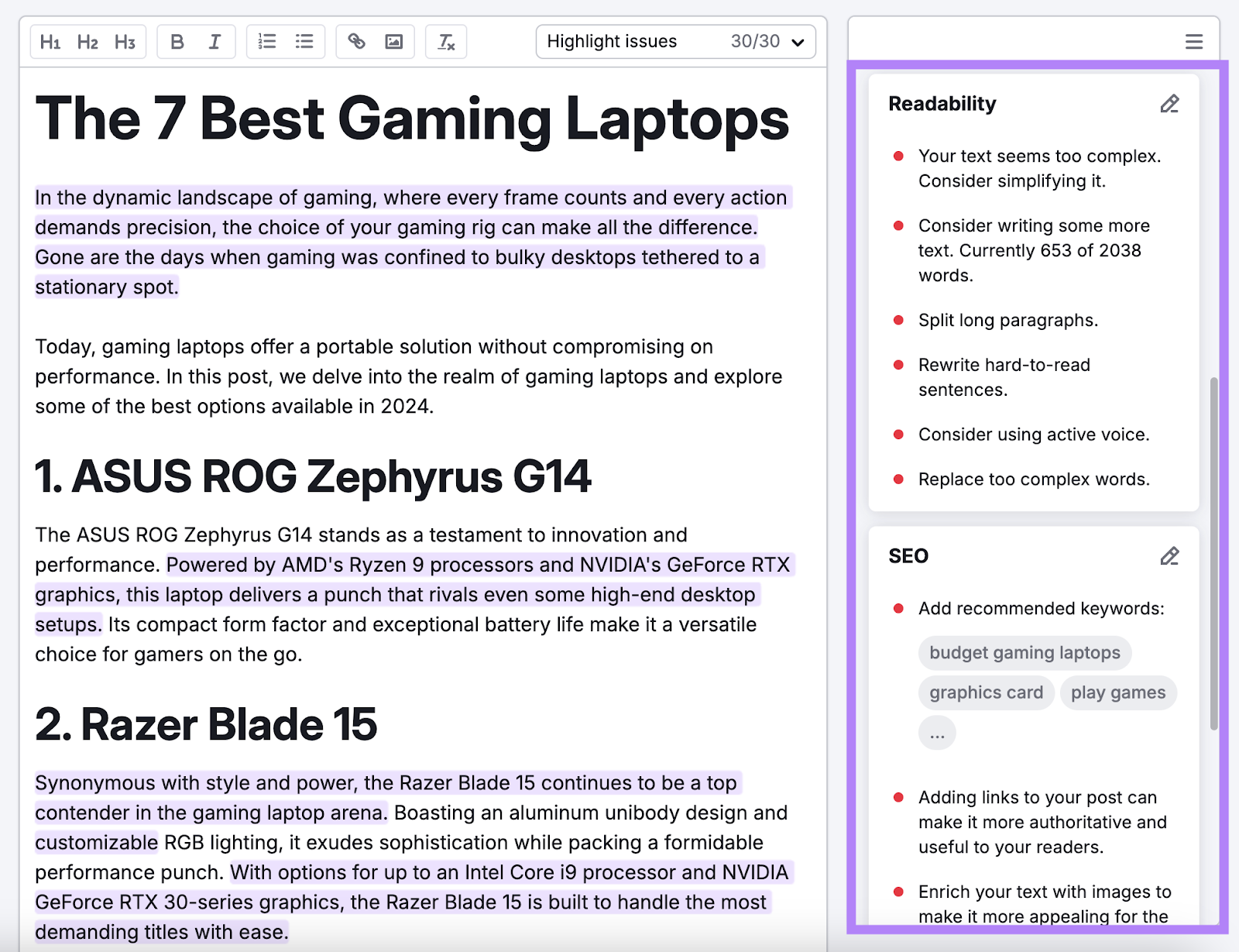 For this draft, SEO Writing Assistant suggests improving content by splitting long paragraphs, replacing complex words, and more