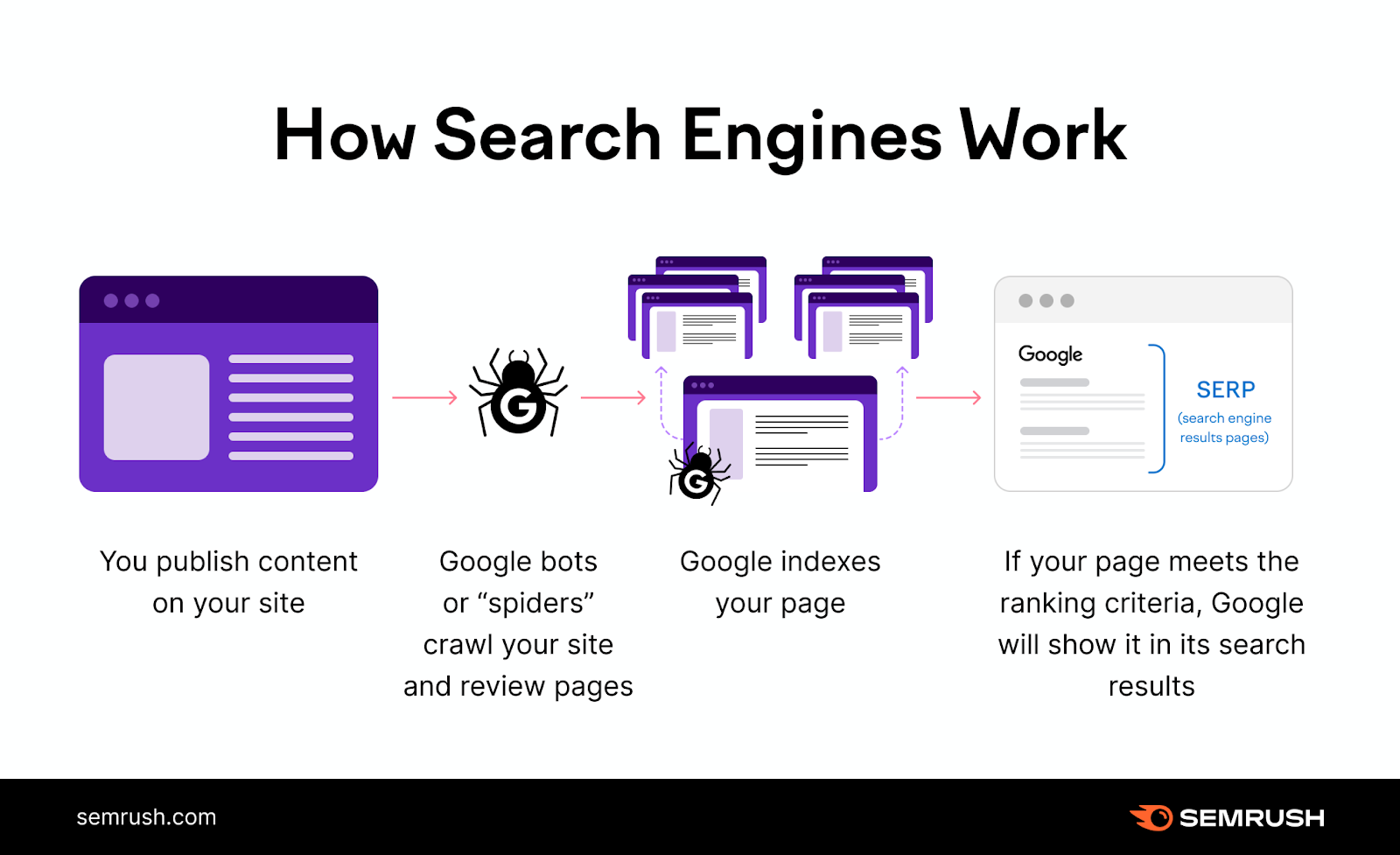 how search engines work: from publishing content, spiders crawling the site, Google indexing the page, to showing up on the SERP