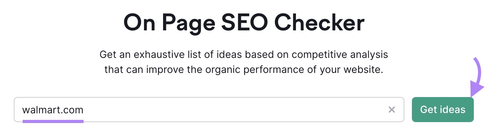 Semrush On Page SEO Checker tool start with a domain entered and "Get ideas" button marked with a purple arrow