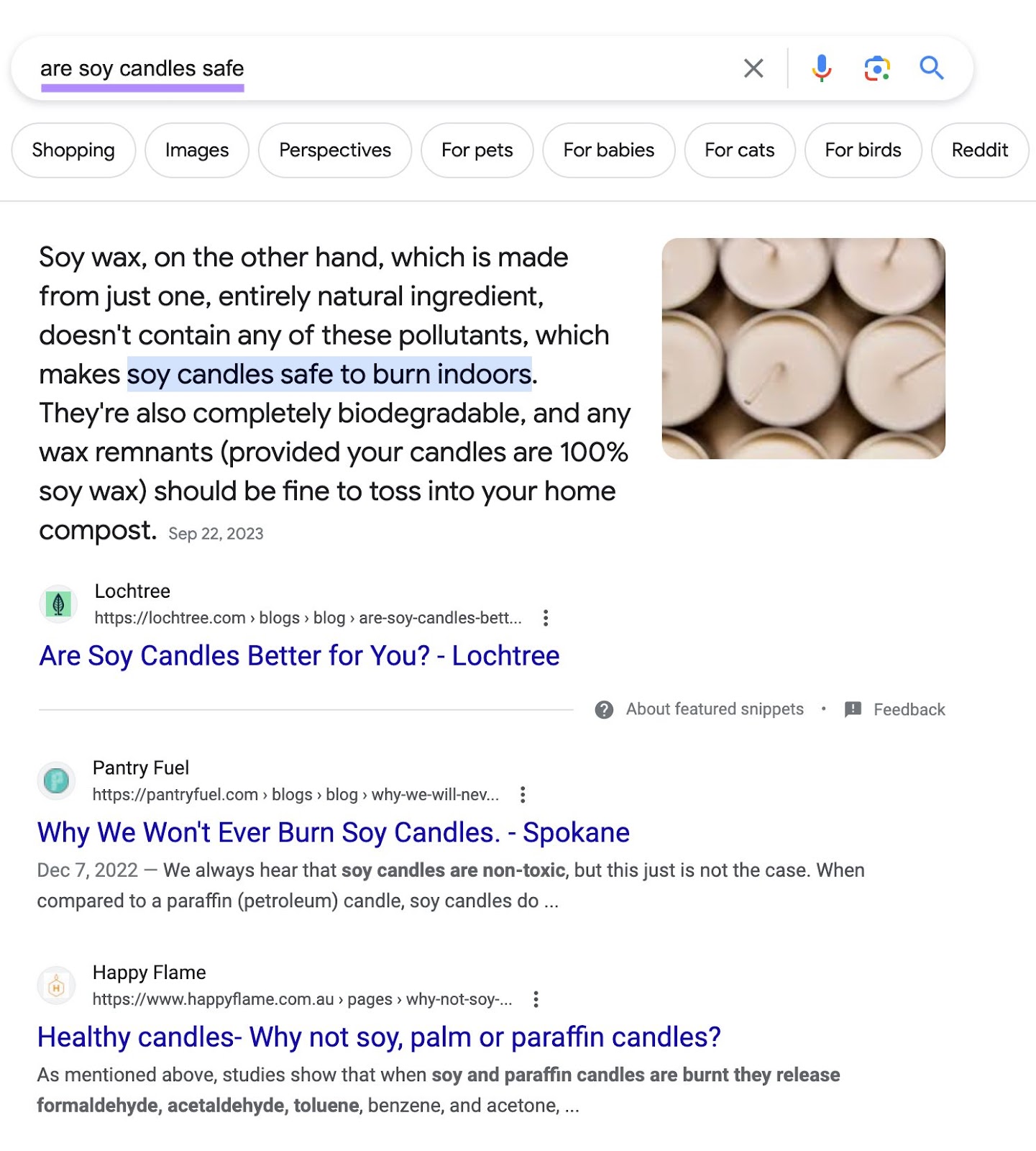 Top of Google's SERP for "are soy candles safe" query