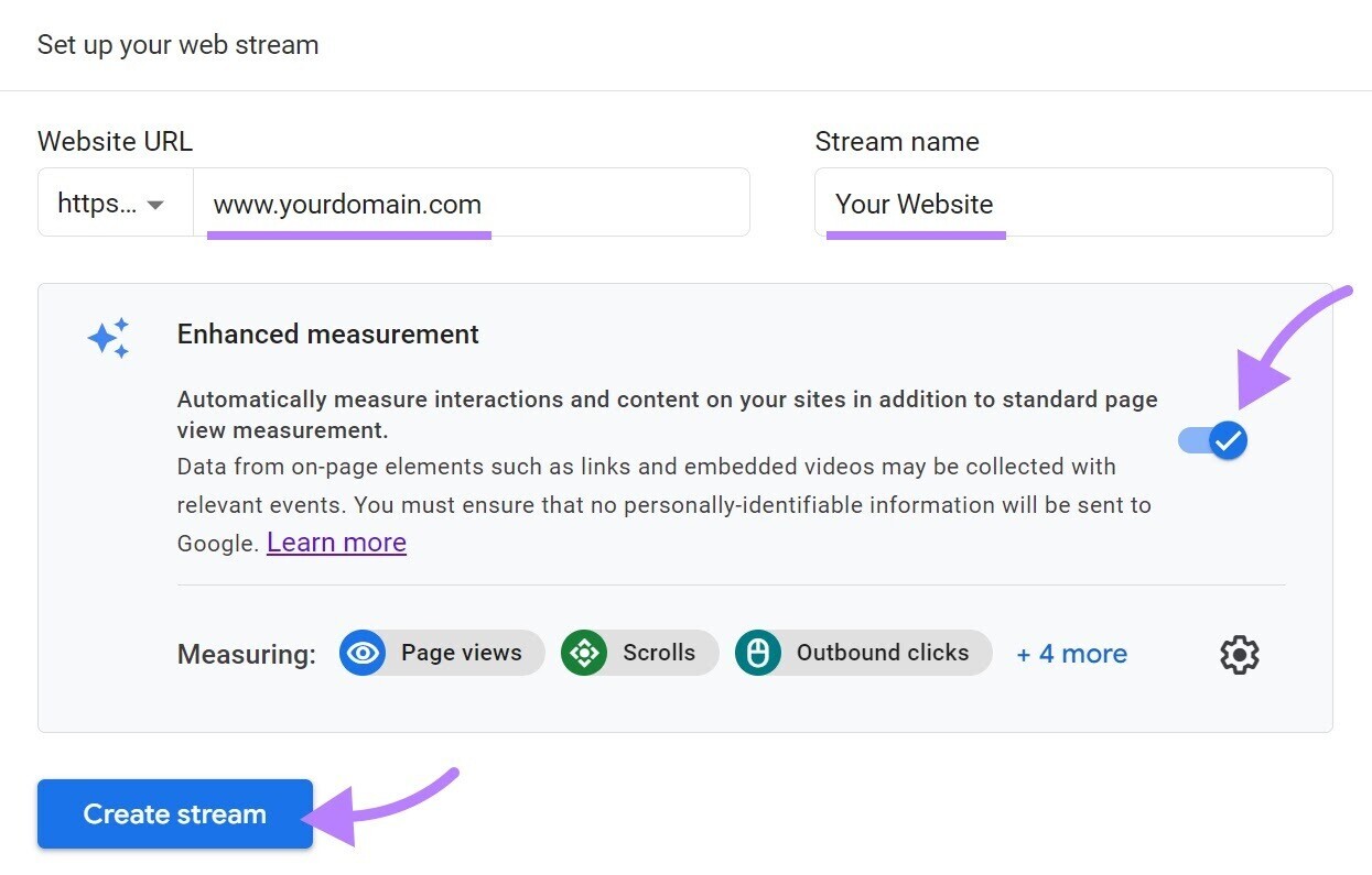 "Set up your web stream" page