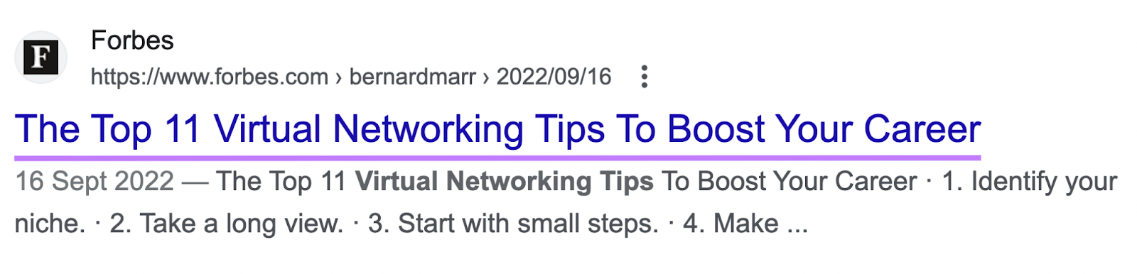 Forbes' article title "The Top 11 Virtual networking Tips To Boost Your Career" on SERP