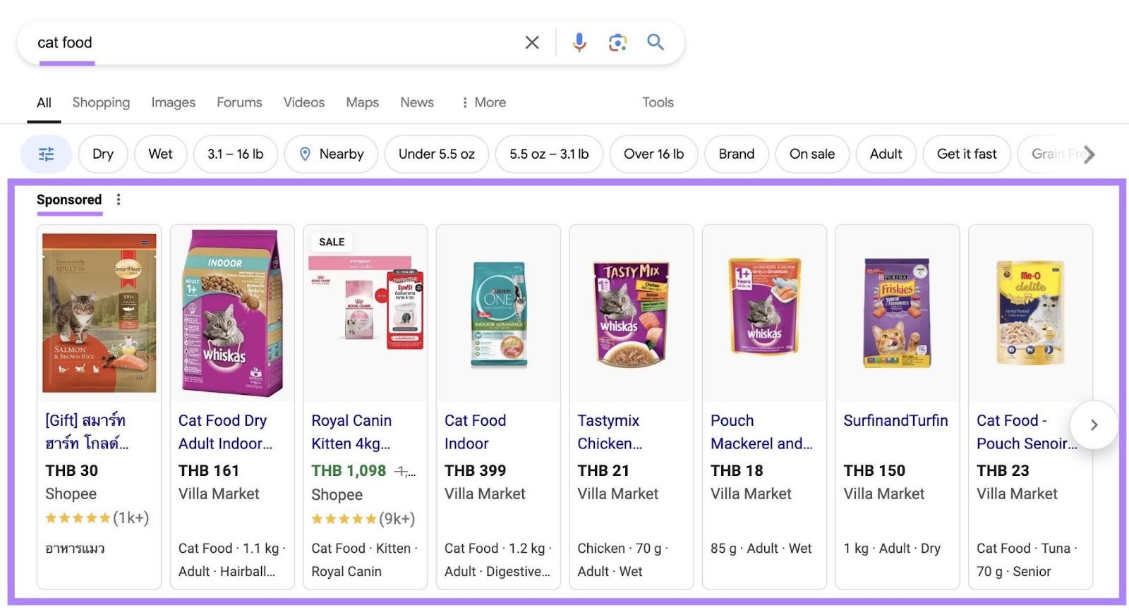 Google SERP with the term "cat food" entered and the sponsored shopping ads at the top highlighted.