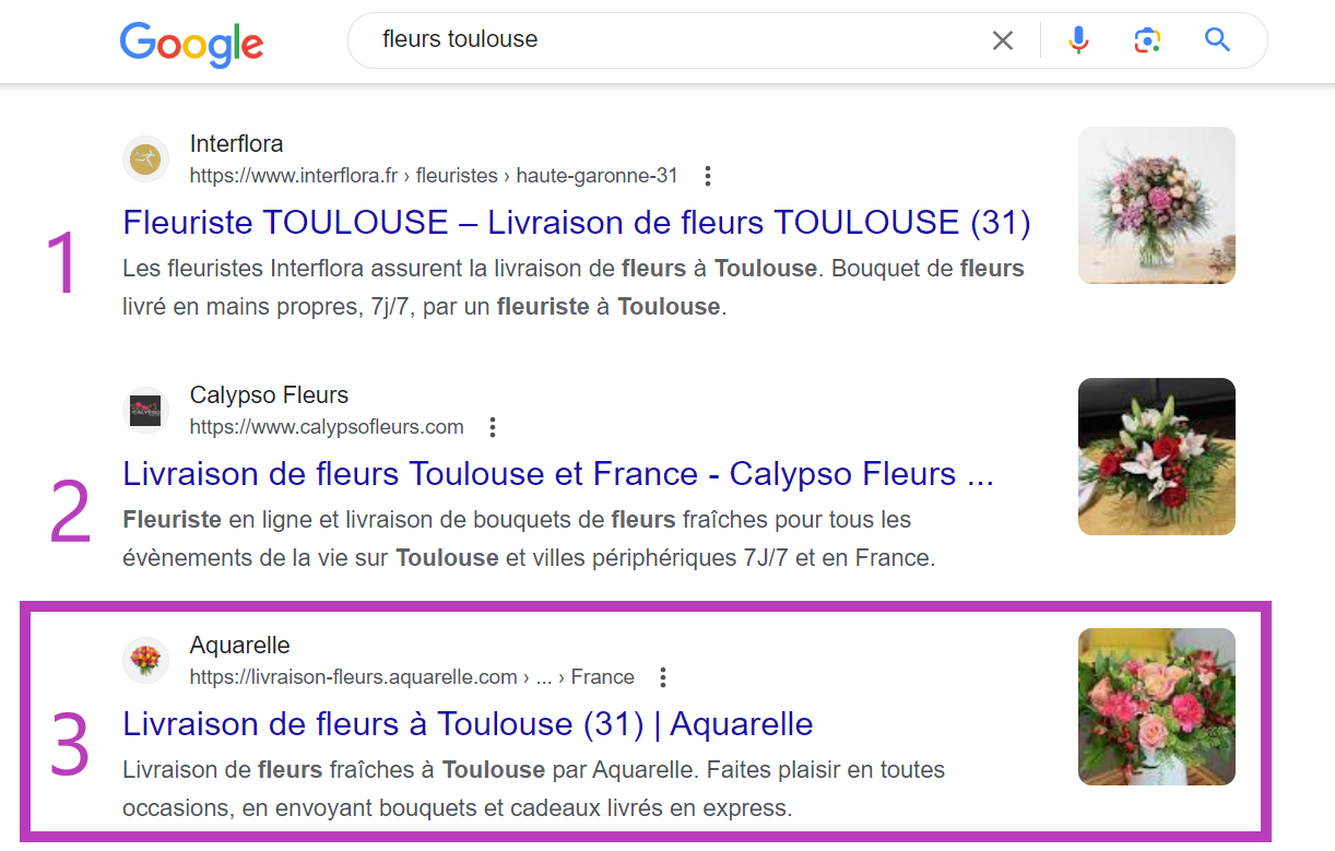 Exemple de site en troisième position sur Google pour un mot clé