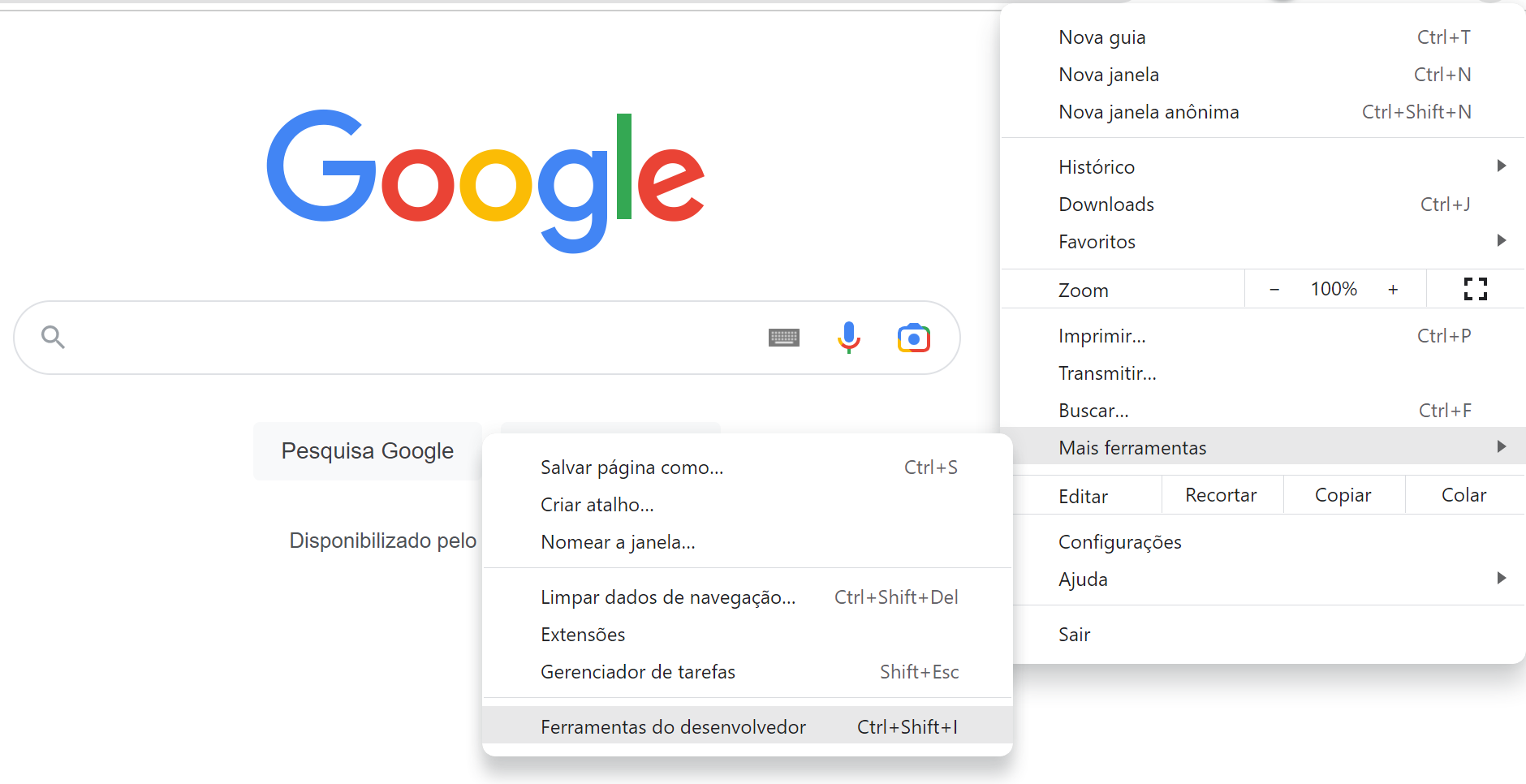 opção ferramentas do desenvolvedor no chrome