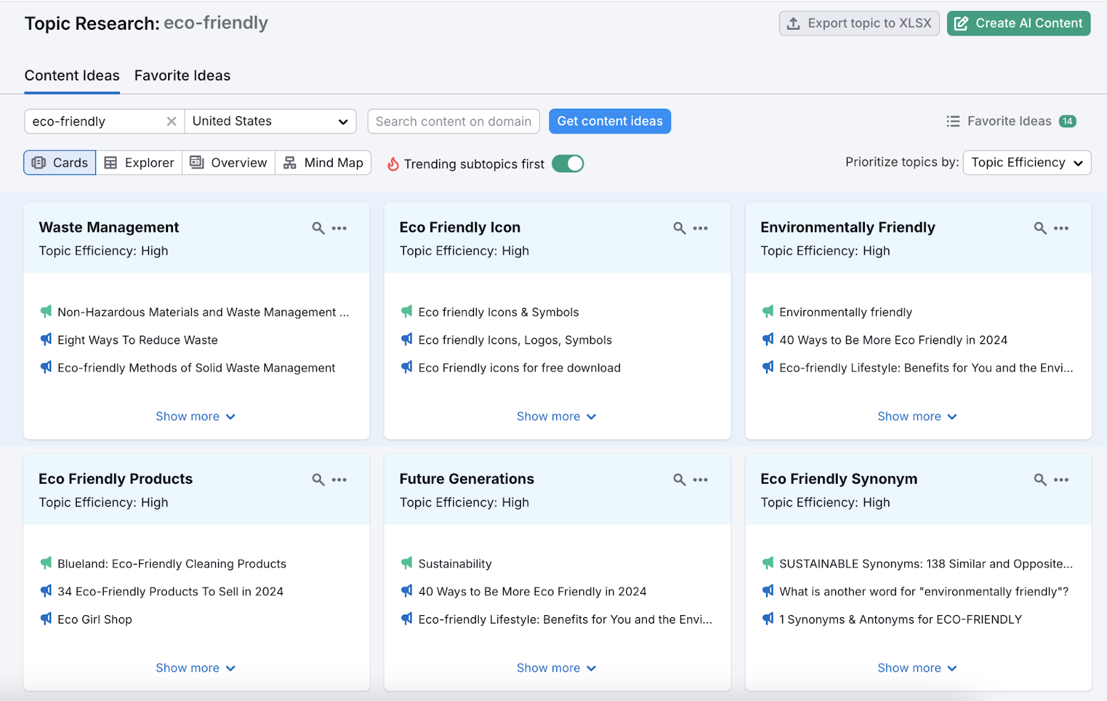 topic research results show many idea cards based on topic efficiency