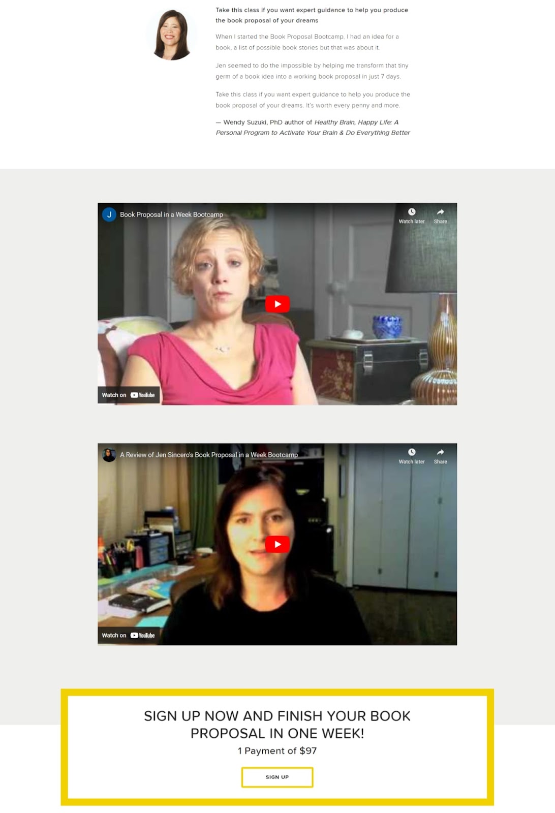 Témoignages écrits et vidéo sur le site de Jen Sincero