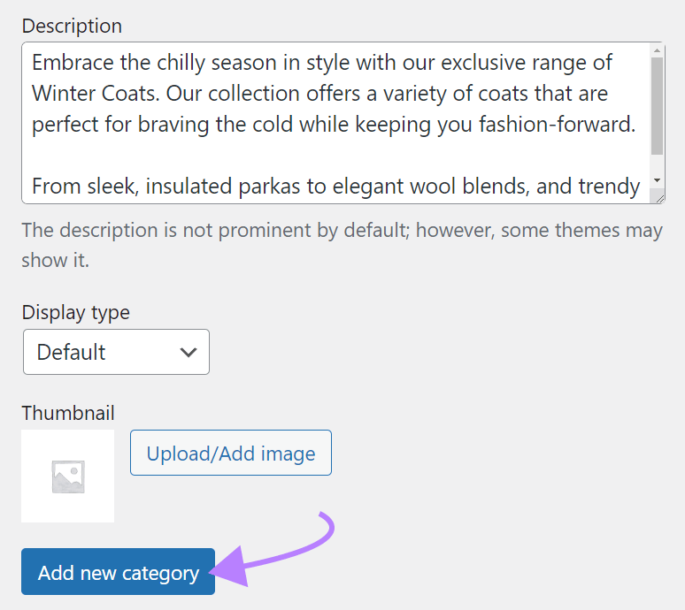 Add new category button within WordPress