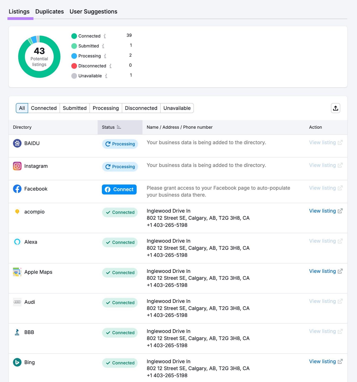 "Listings" on Listing Management showing a list of directories where a business can submit their name, address, and phone number along with the status of the submission.