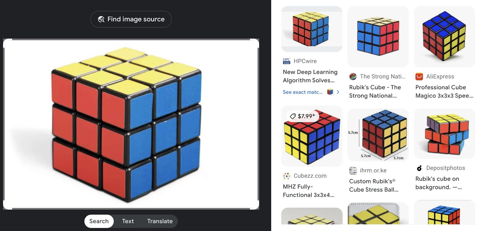 Reverse image search of a Rubik's cube using Google with accompanying results