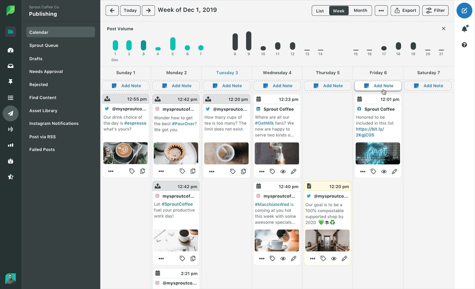Sprout Social displays all the content scheduled across different social channels over the coming weeks and month