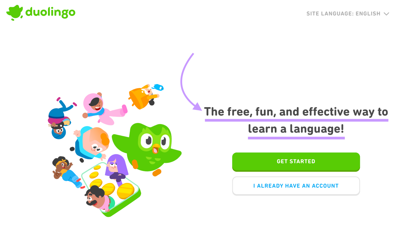 value proposition connected  duolingo's homepage says "the free, fun, and effectual  mode   to larn  a language!"