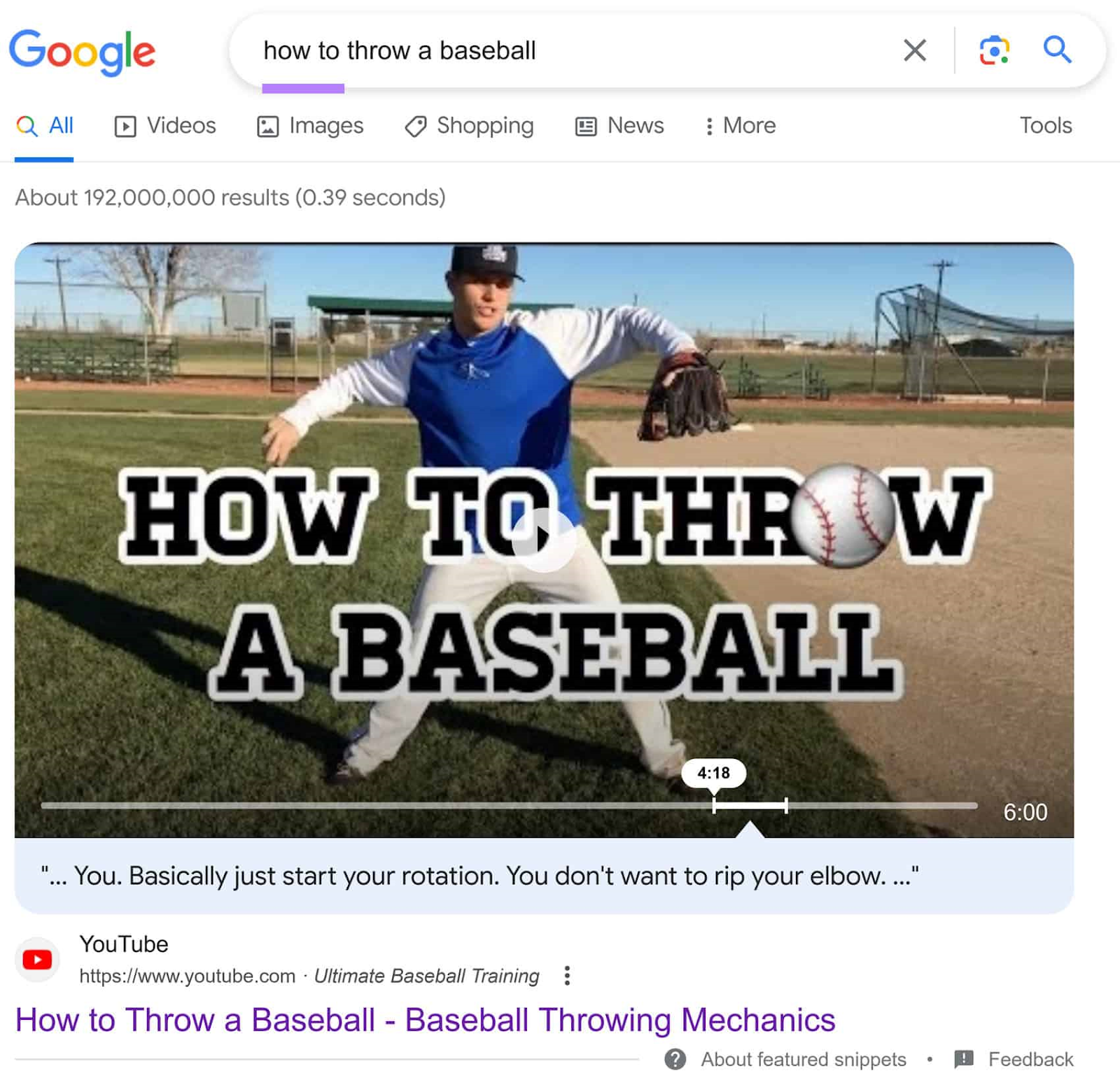 A featured video appearing on top of the Google SERP for the term "how to throw a baseball."