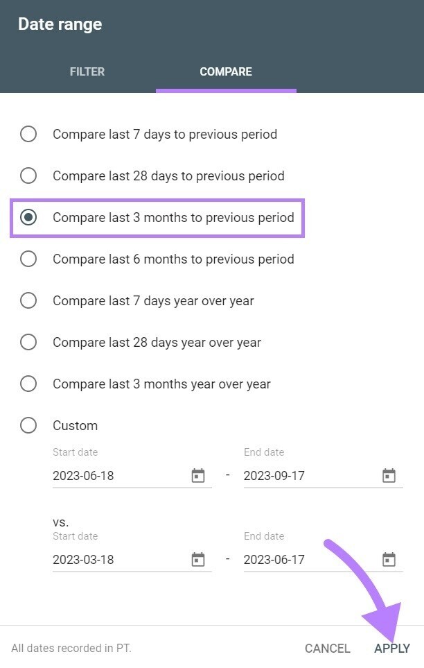 "Date range" section in Google Search Console