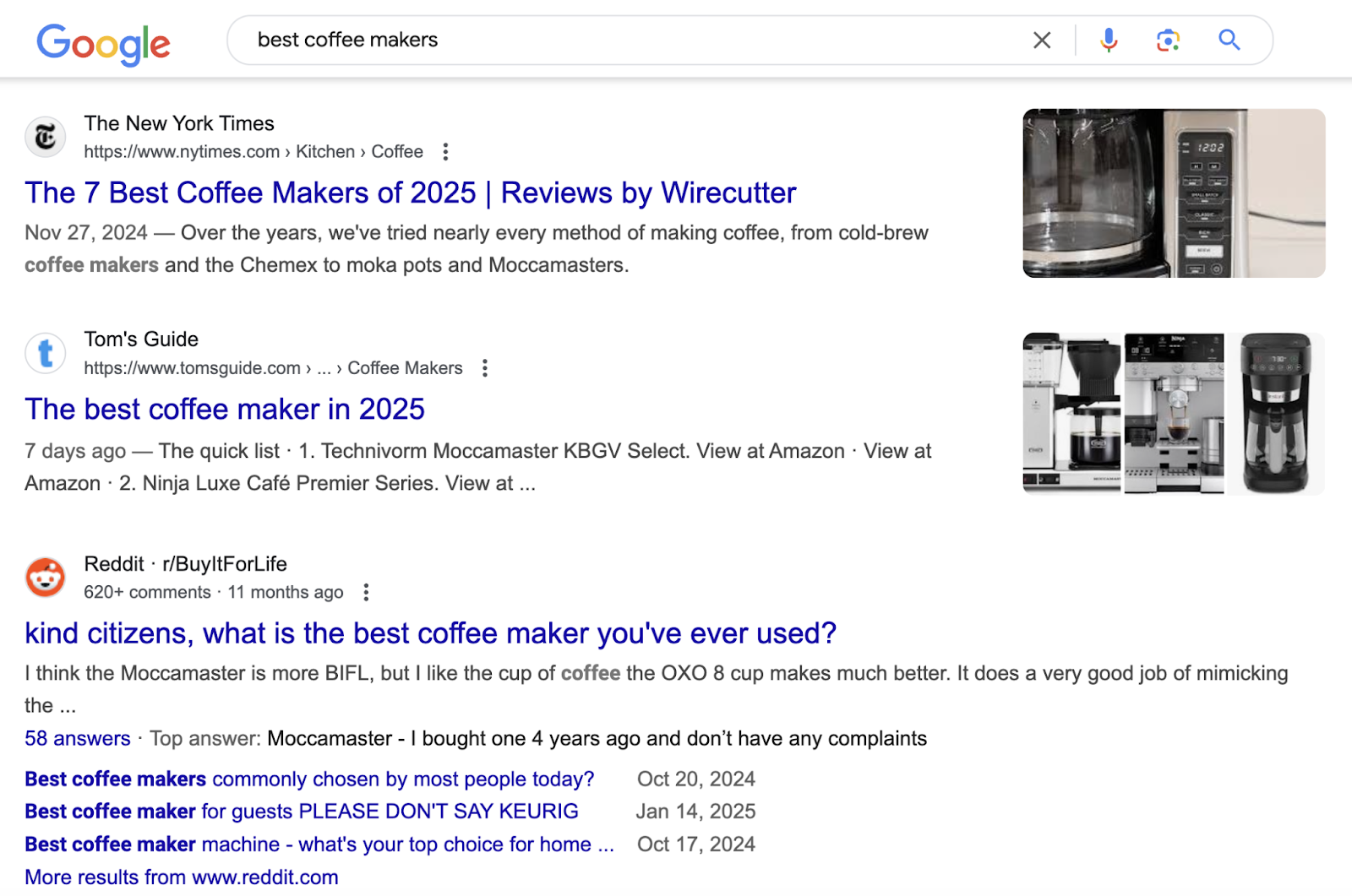 SERP for best coffee makers shows organic listings that answer the query.