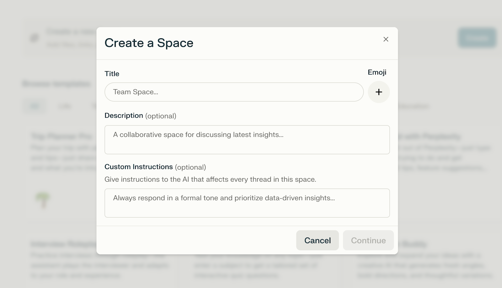 Create a space feature asks for title, description, and custom instructions.