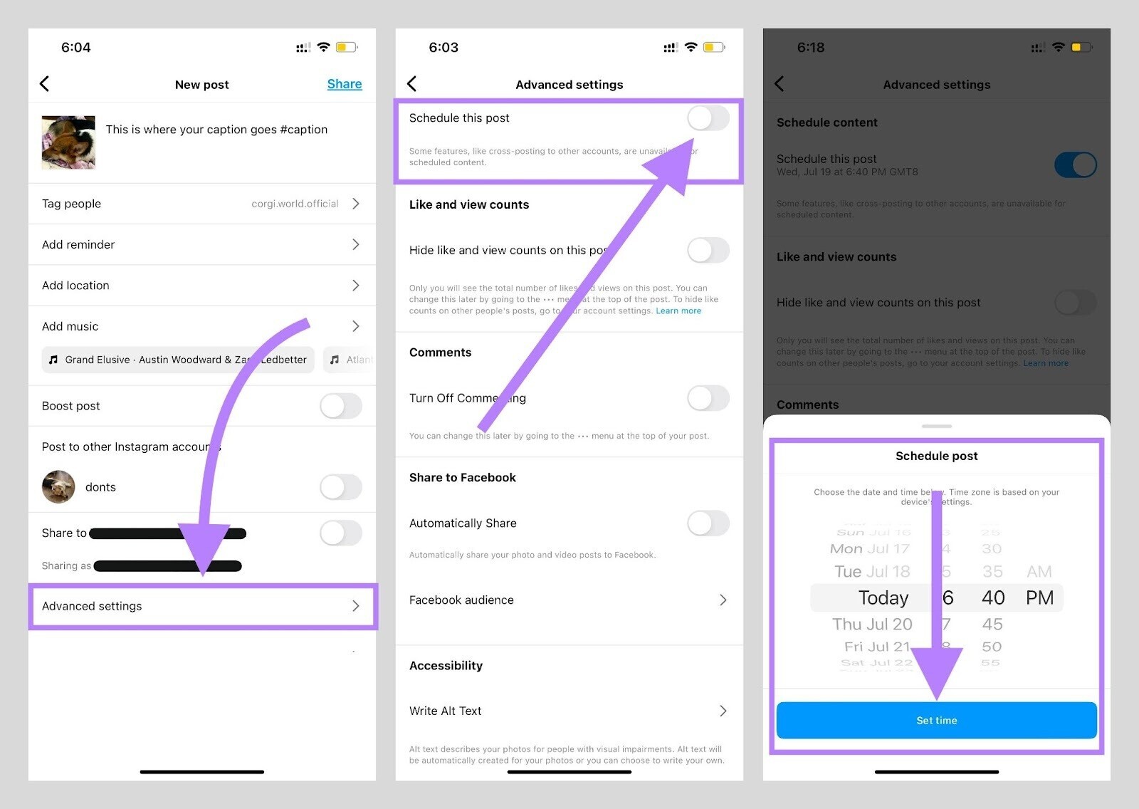 images showing how to schedule an Instagram post for later