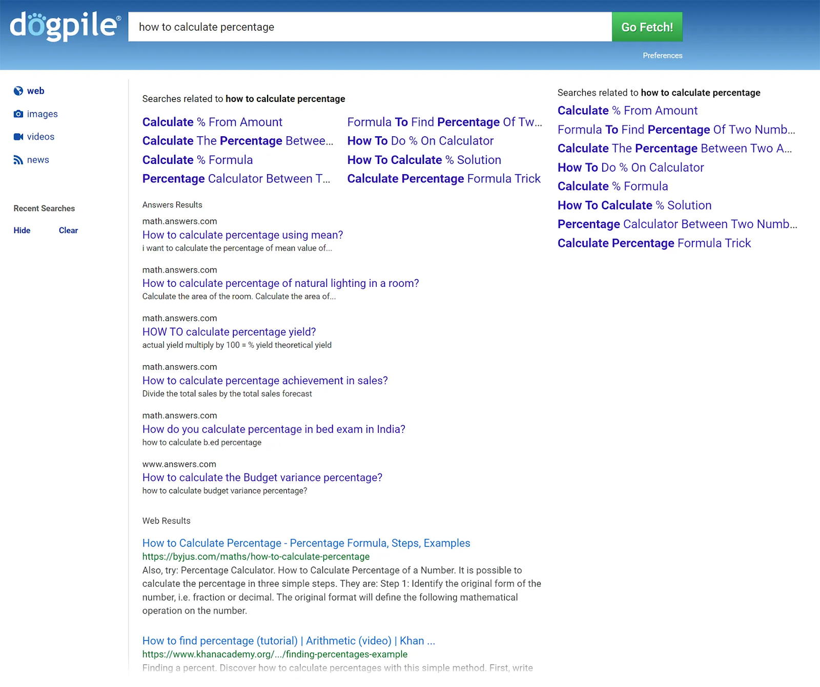 Dogpile SERP for "how to calculate percentage"