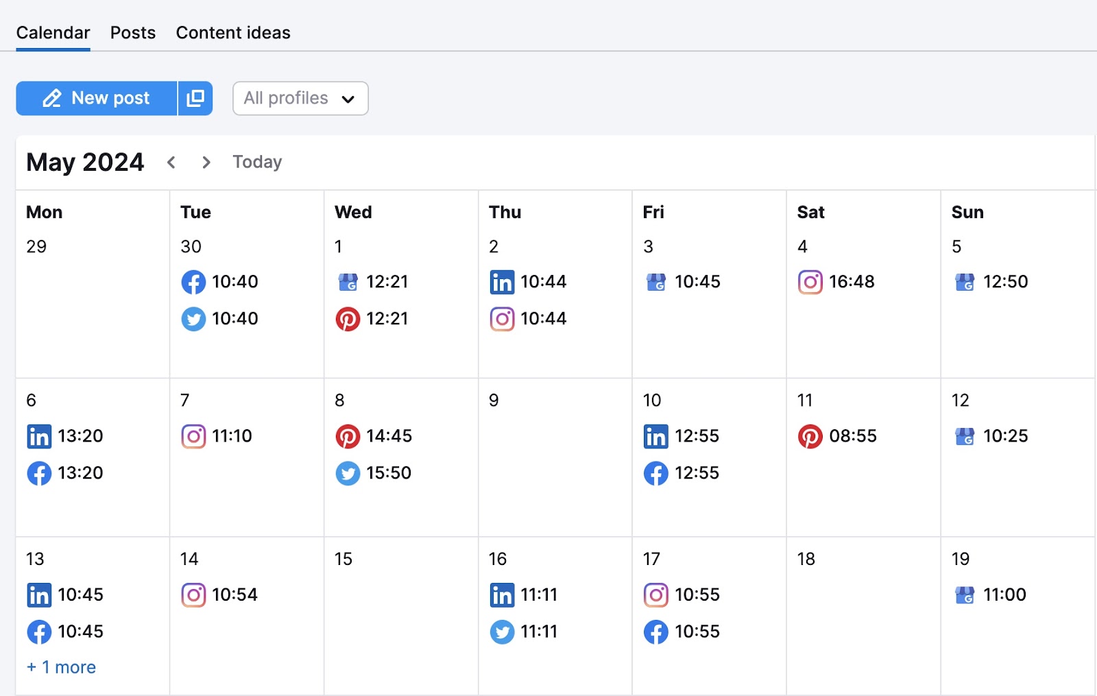 "Calendar" view in Semrush Social Poster showing posts scheduled across different social media platforms like Facebook, X, Pinterest, etc.