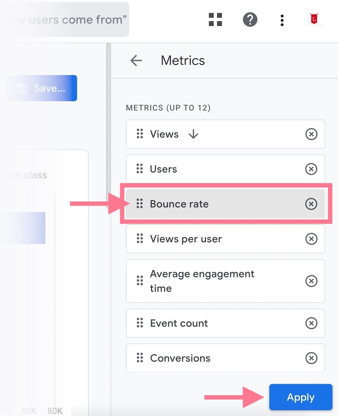 Move bounce rate metric position in GA4