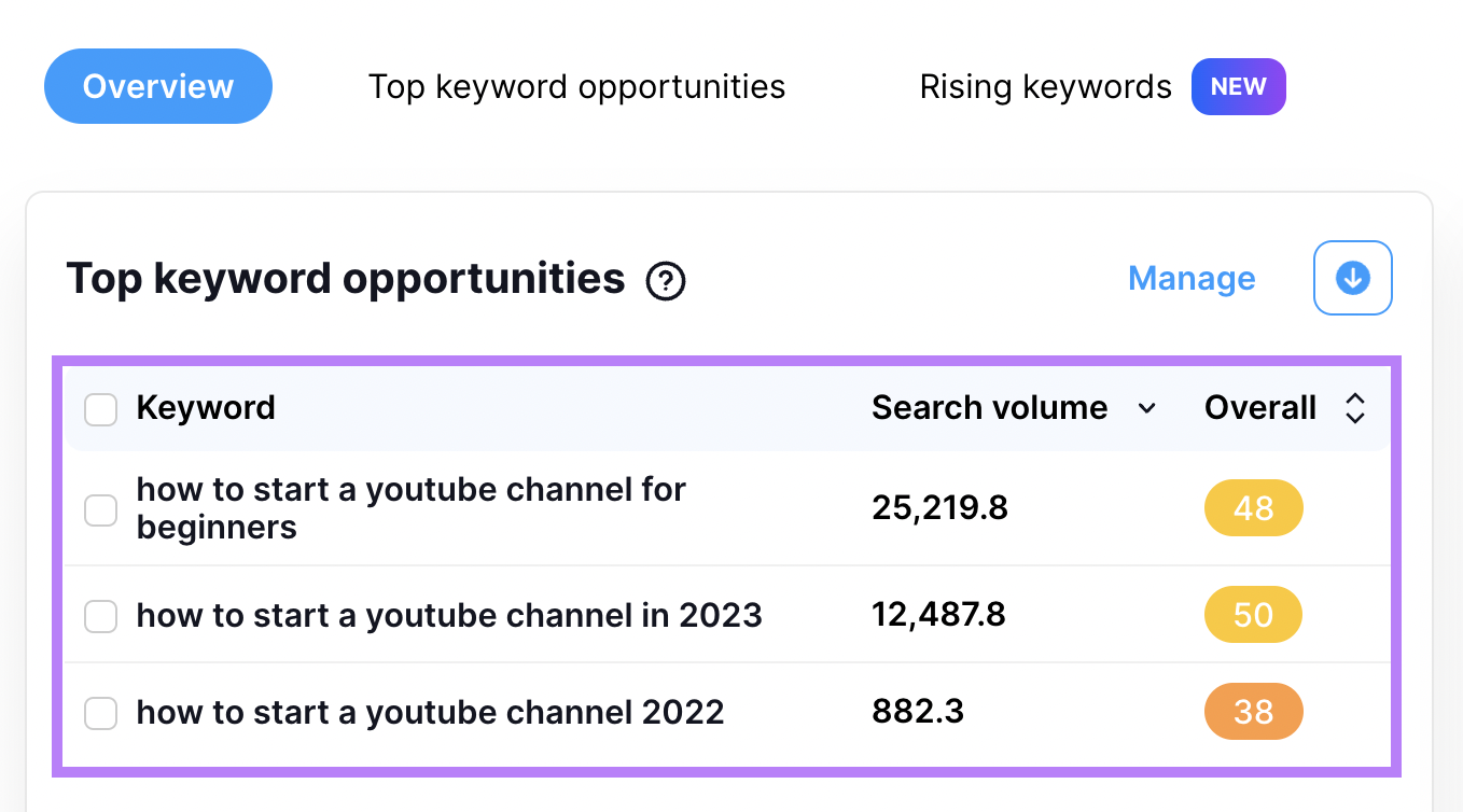 VidIQ “Top keyword opportunities” section