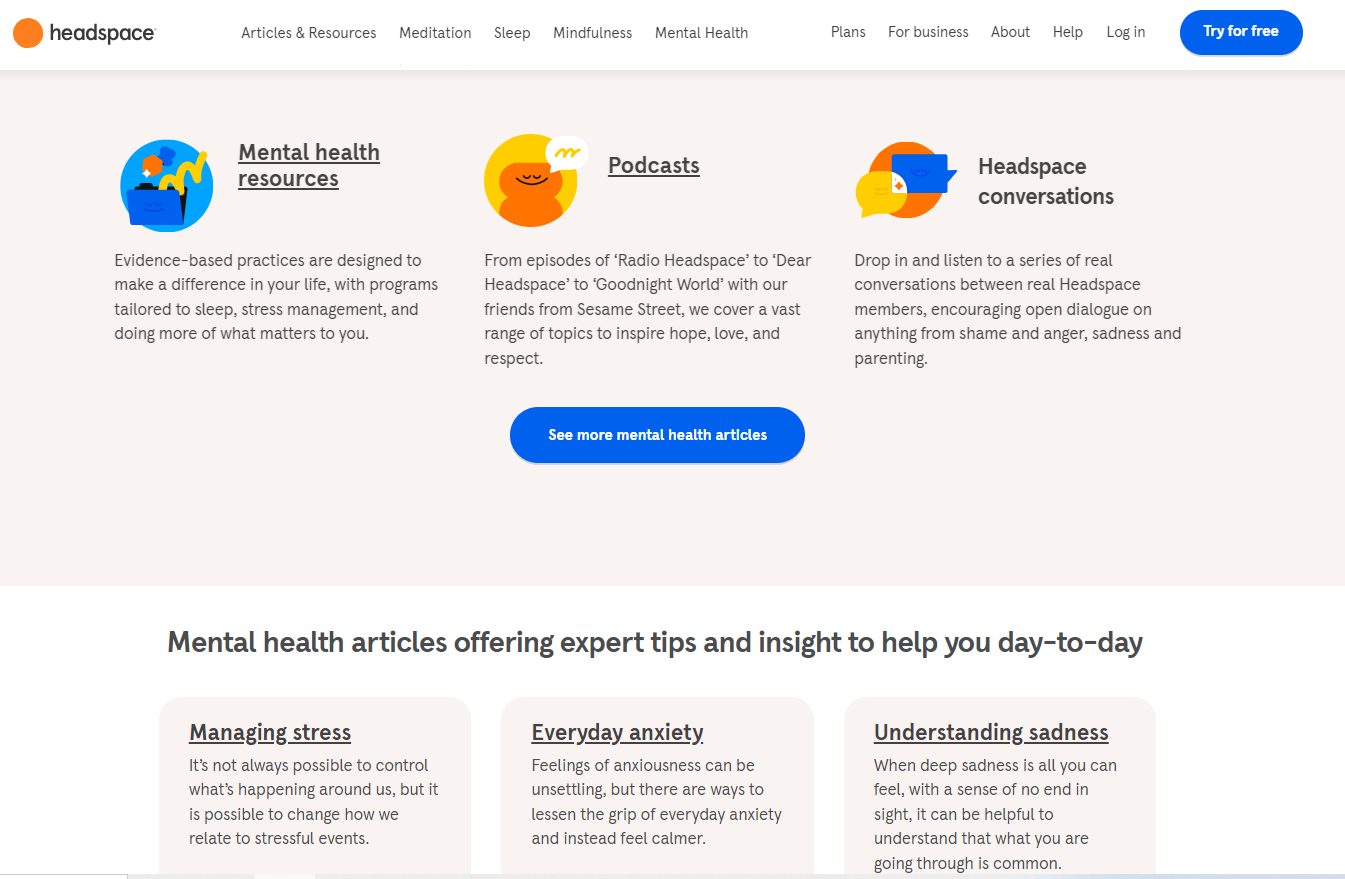 Headspace homepage showing clickable options to larn  much  astir  intelligence   wellness  specified  arsenic  podcasts and different   resources.