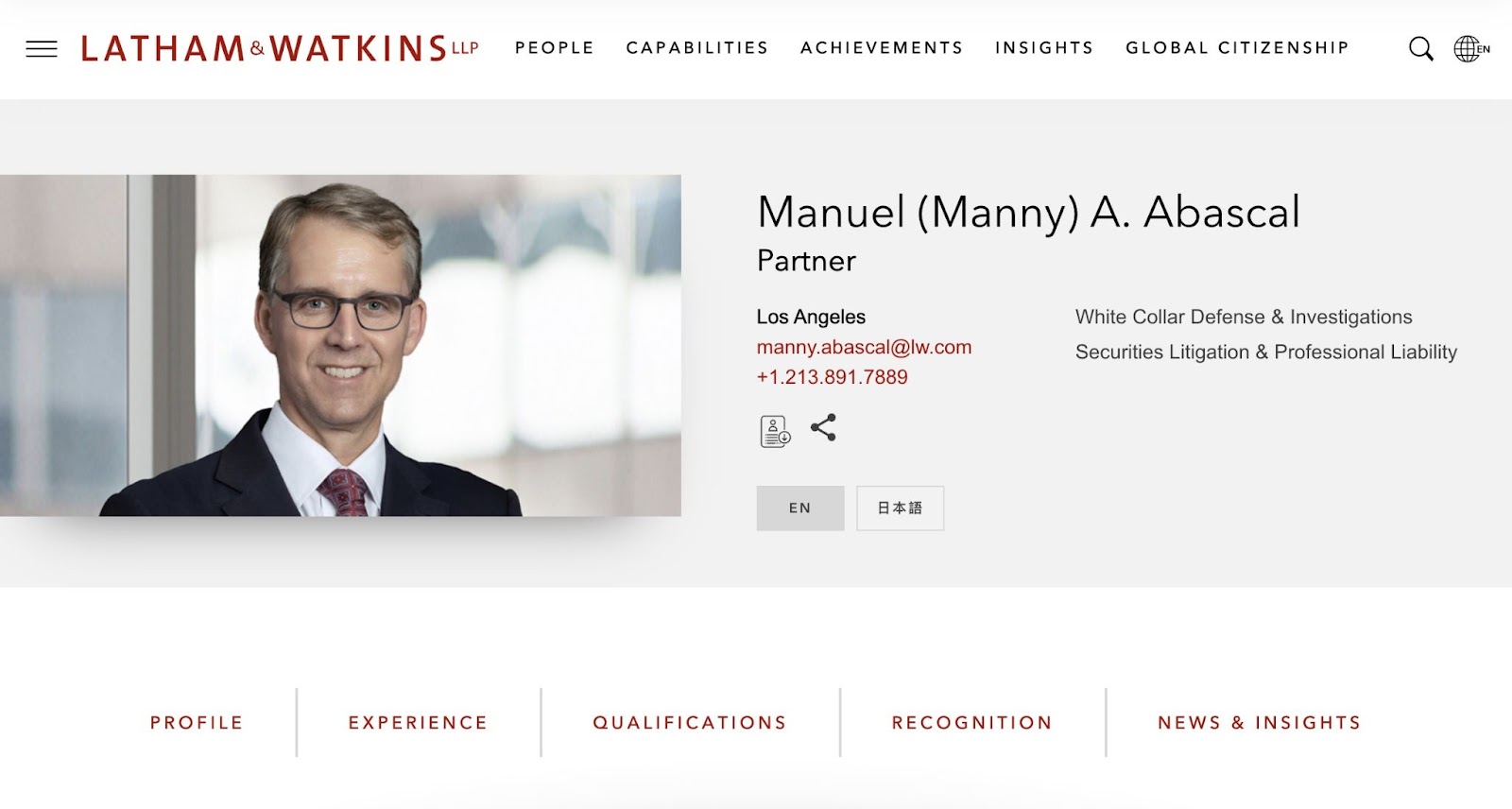 Latham & Watkins' website shows detailed information about its attorneys
