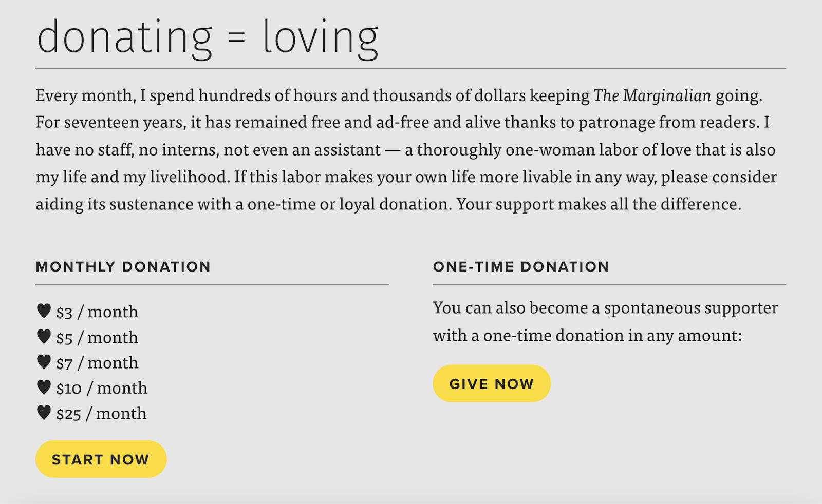 donation landing page offers monthly and one-time donation options