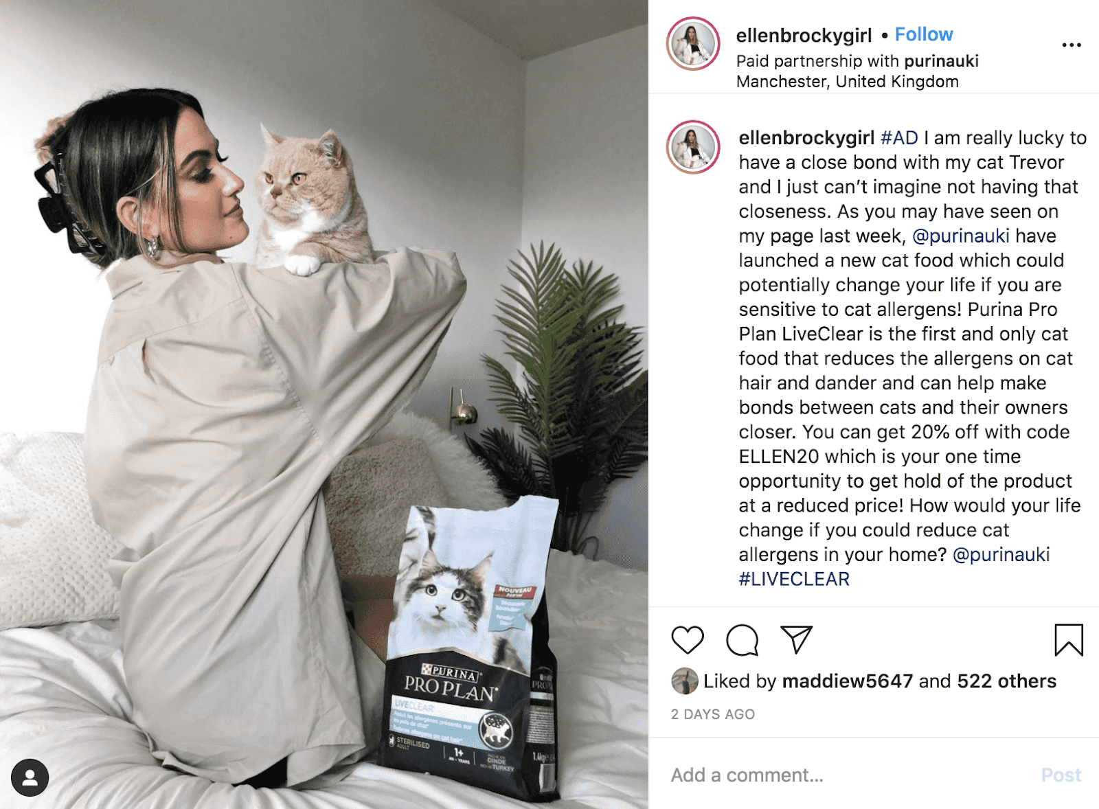 Instagram influencer post promoting Purina cat food