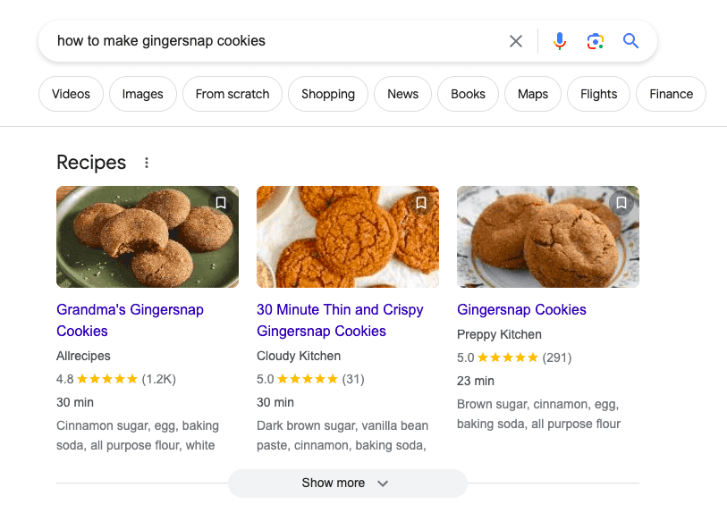 "Recipes" section on Google SERP for “how to make gingersnap cookies” search
